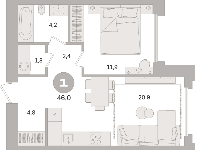 2 ккв (Евро) 46 м²