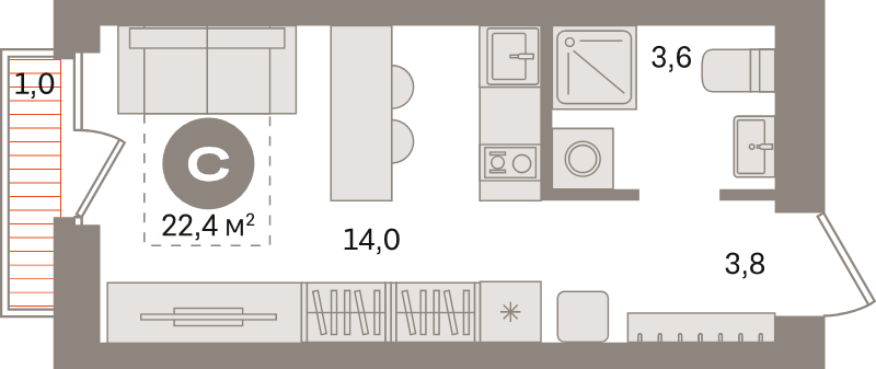 Студия 22,4 м²