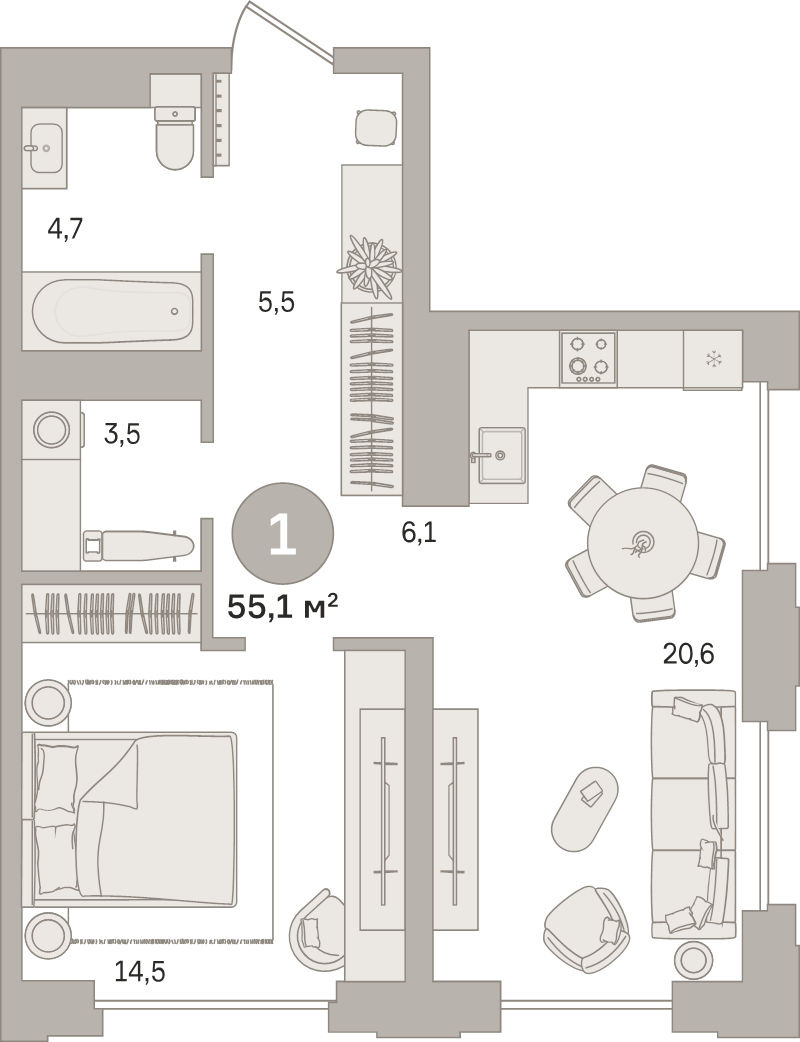 2 ккв (Евро) 55,1 м²