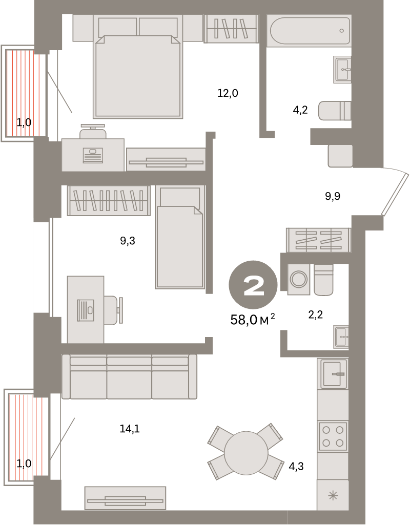 3 ккв (Евро) 58 м²