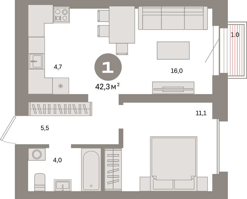 2 ккв (Евро) 42,3 м²