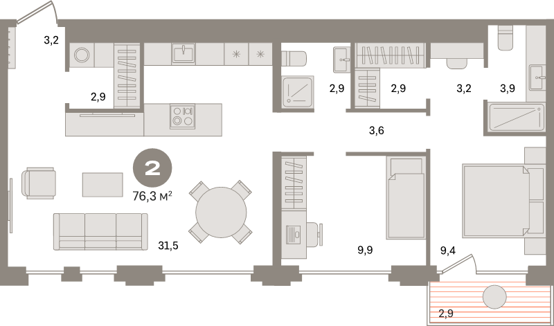 3 ккв (Евро) 76,3 м²