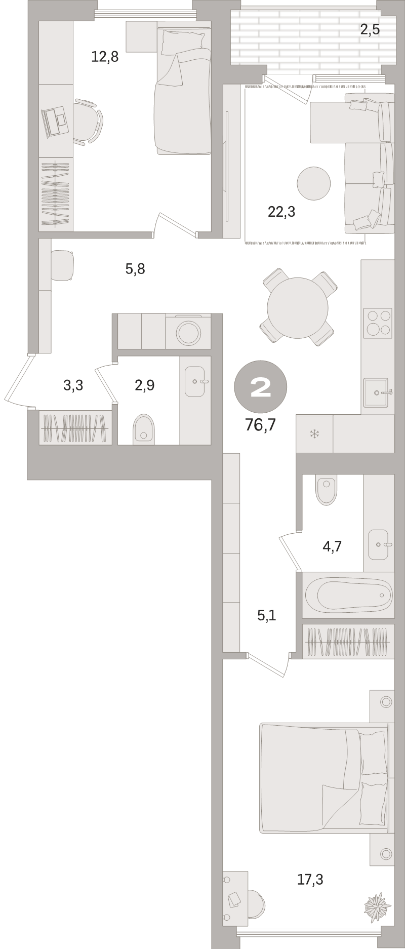 3 ккв (Евро) 76,7 м²