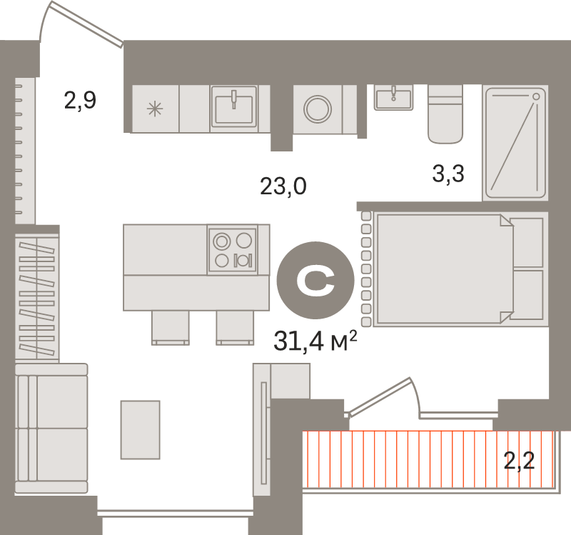 Студия 31,4 м²
