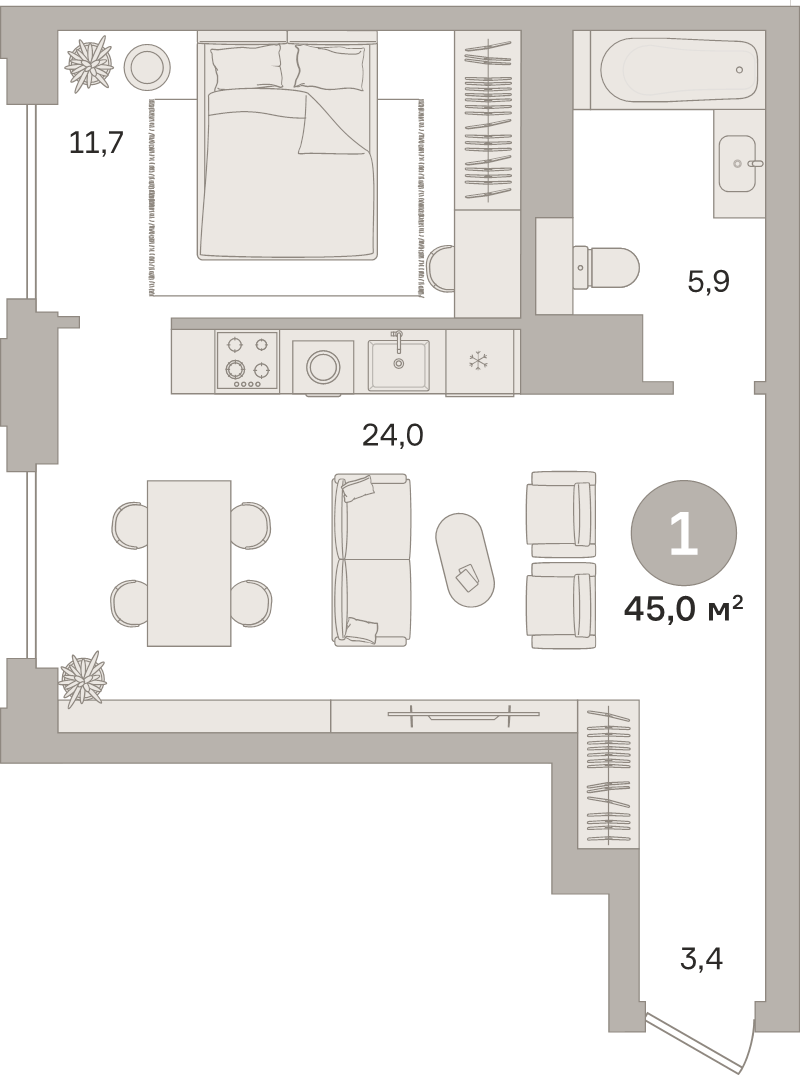 2 ккв (Евро) 45 м²
