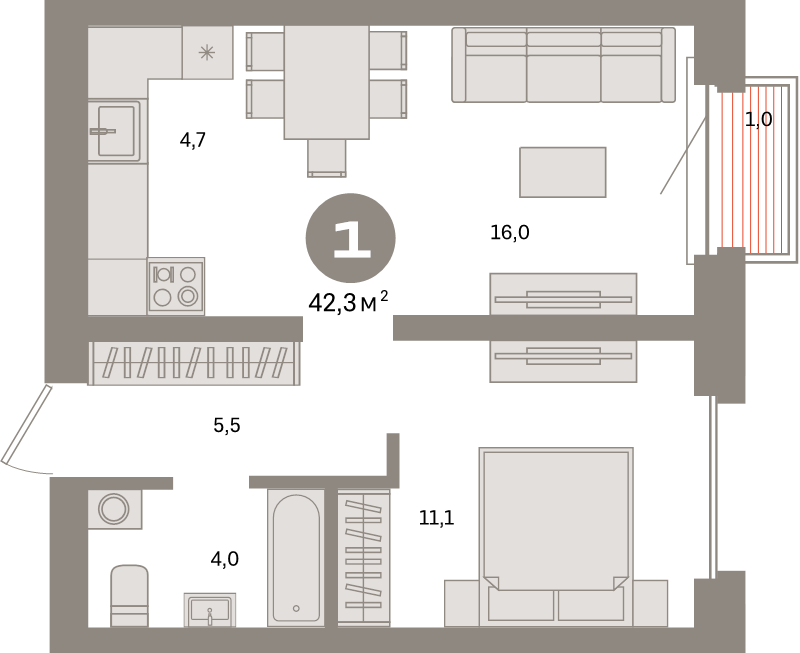 2 ккв (Евро) 42,3 м²