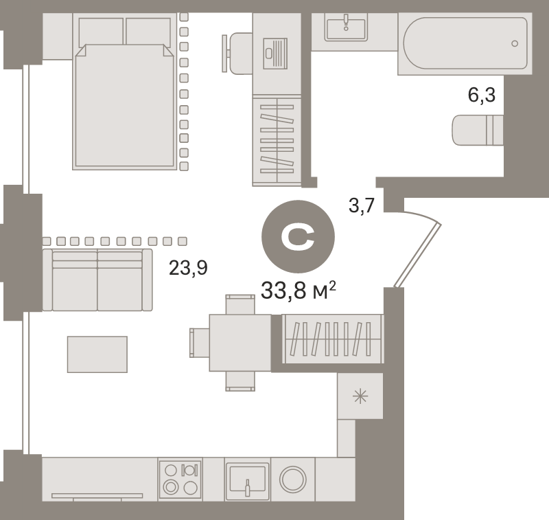 Студия 34 м²