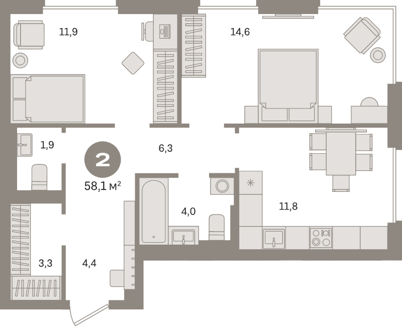 2 ккв 58,1 м²