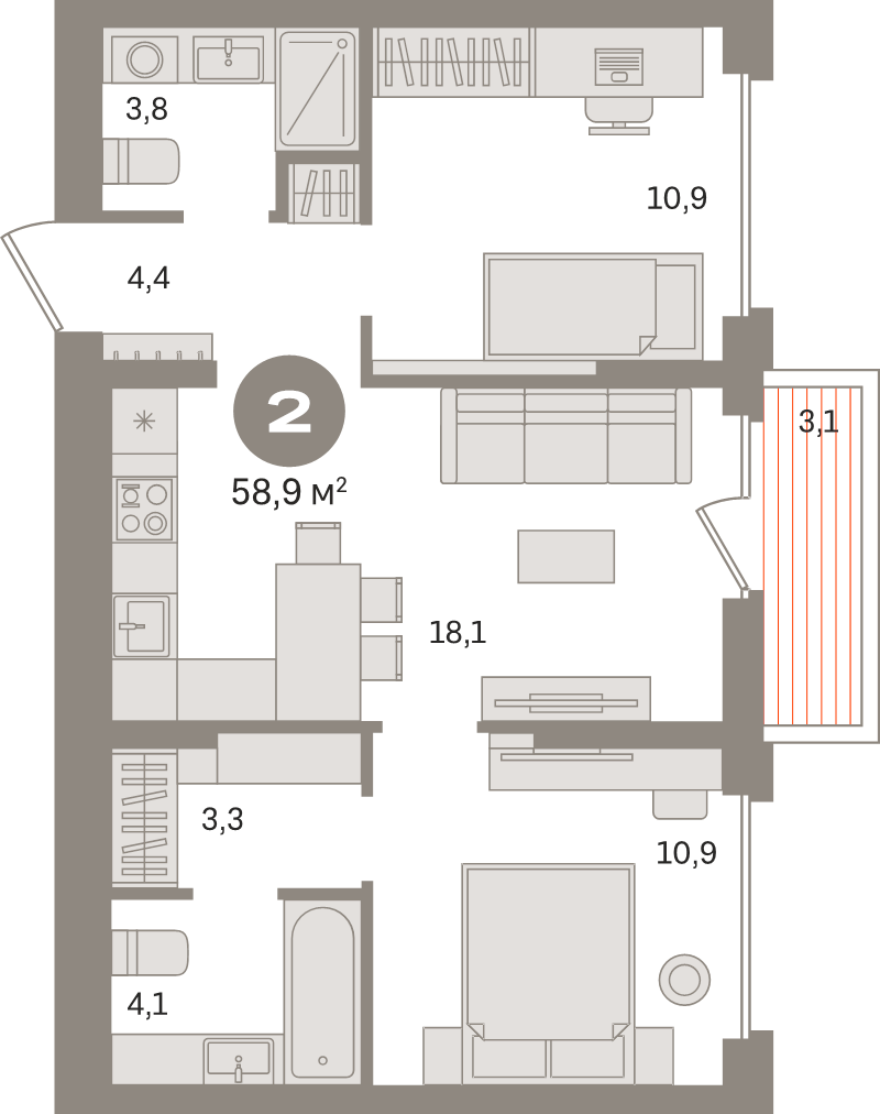 3 ккв (Евро) 58,9 м²