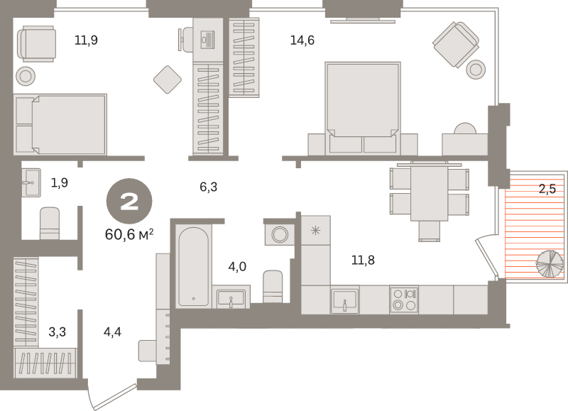 2 ккв 60,6 м²