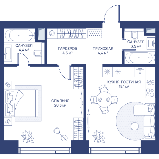 2 ккв (Евро) 55,3 м²