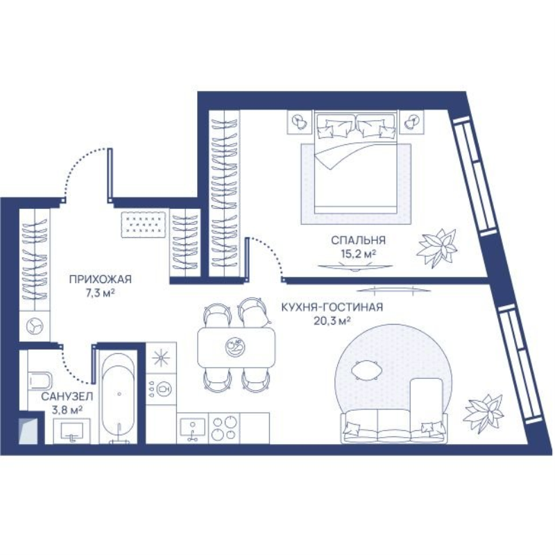 2 ккв (Евро) 46,6 м²