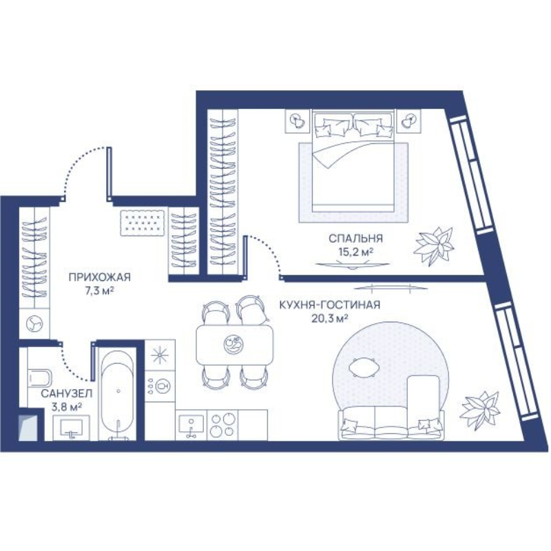 2 ккв (Евро) 46,6 м²