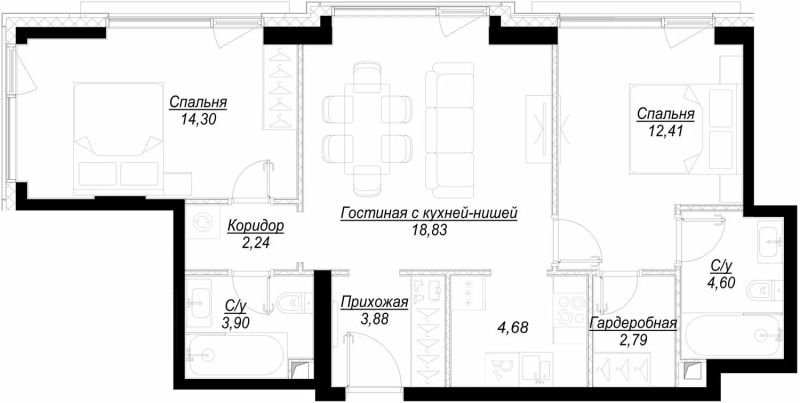 3 ккв (Евро) 68,6 м²