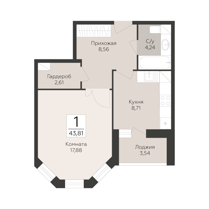 1 ккв 43,8 м²
