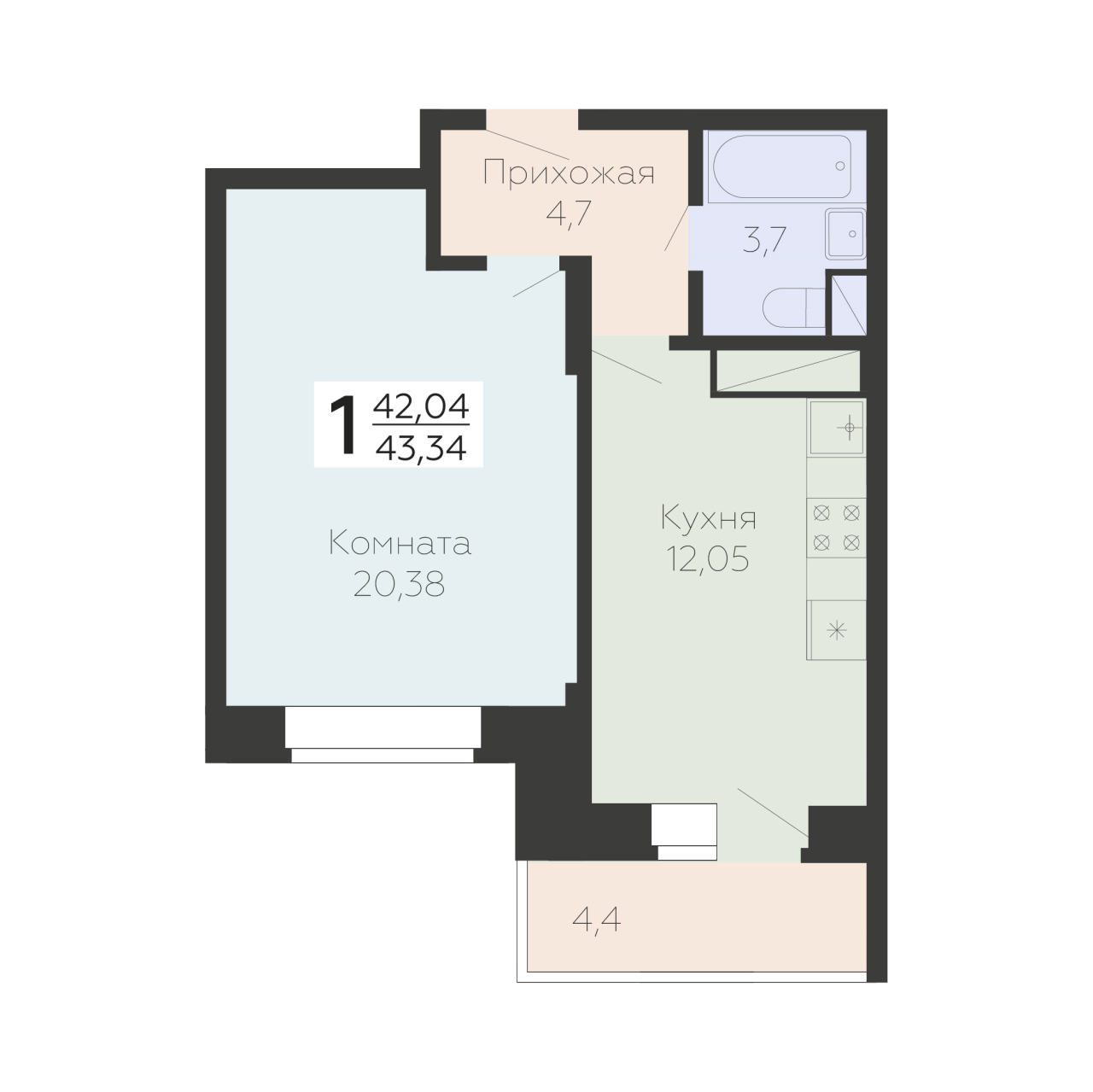 1 ккв 44,5 м²