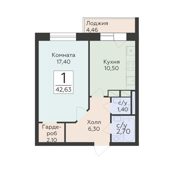 1 ккв 42,6 м²