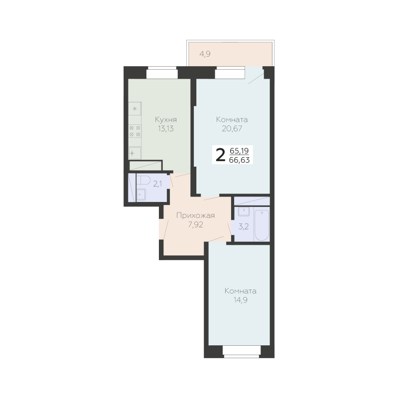 2 ккв 66,6 м²