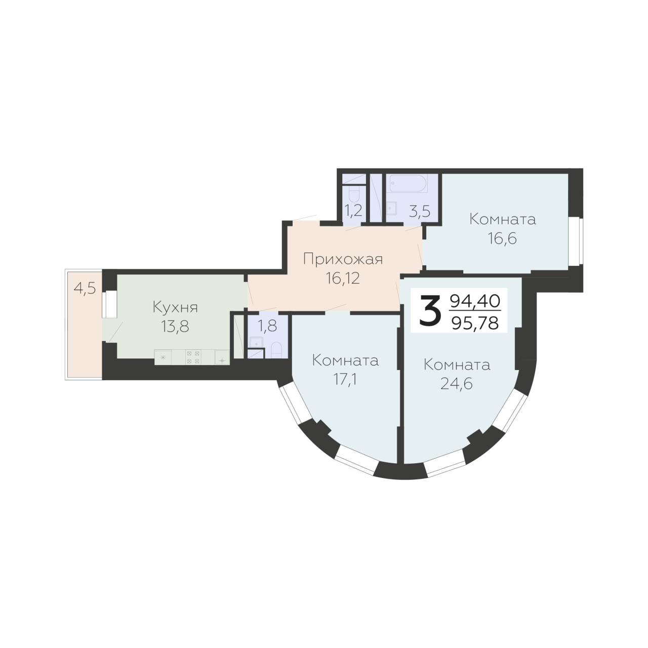 3 ккв 95,8 м²