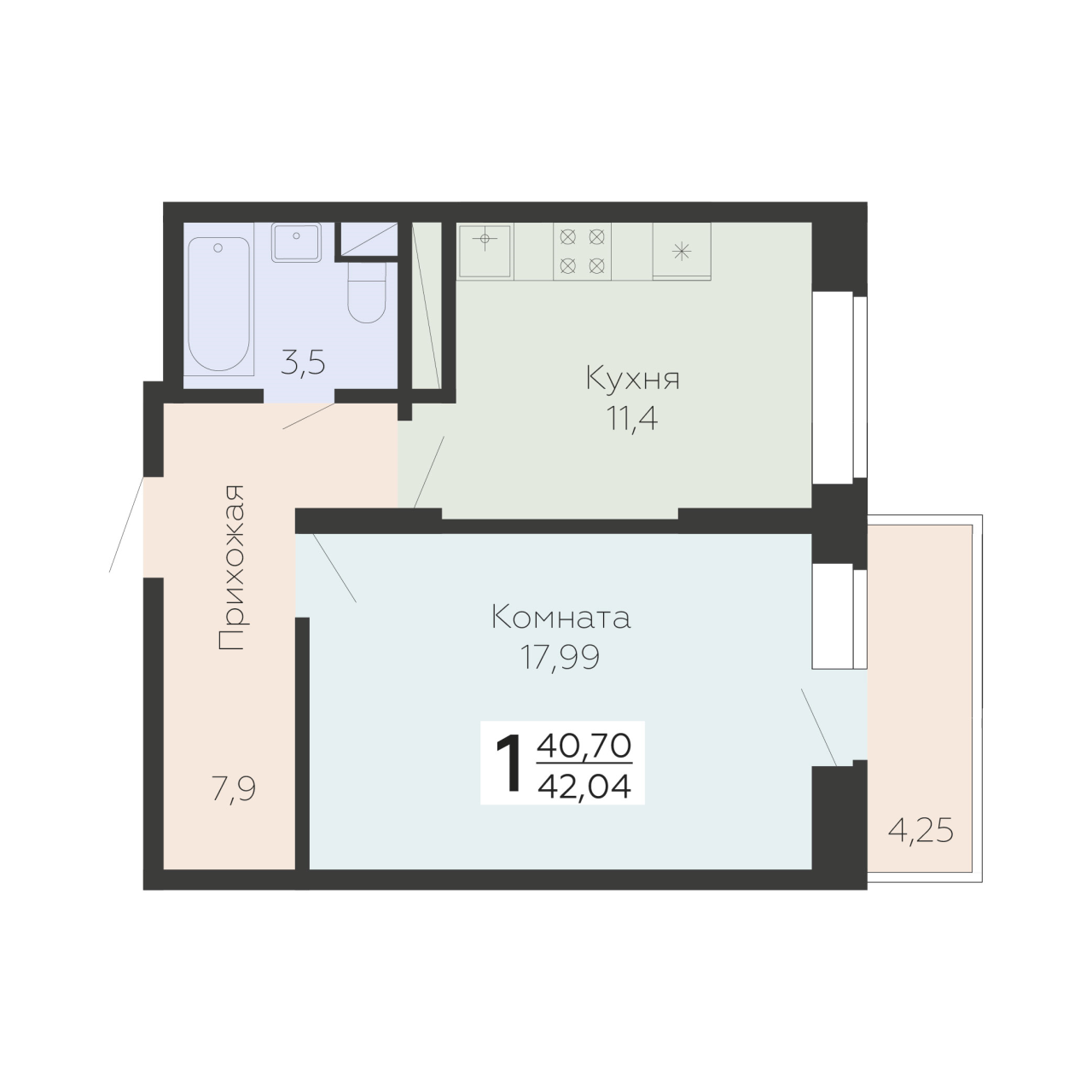 1 ккв 42 м²
