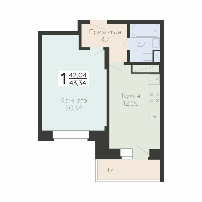 1 ккв 44,5 м²