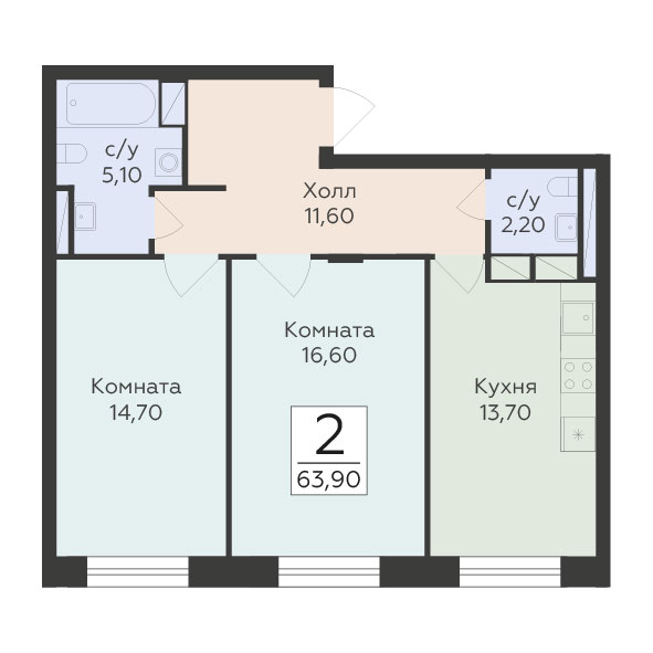 2 ккв 63,9 м²