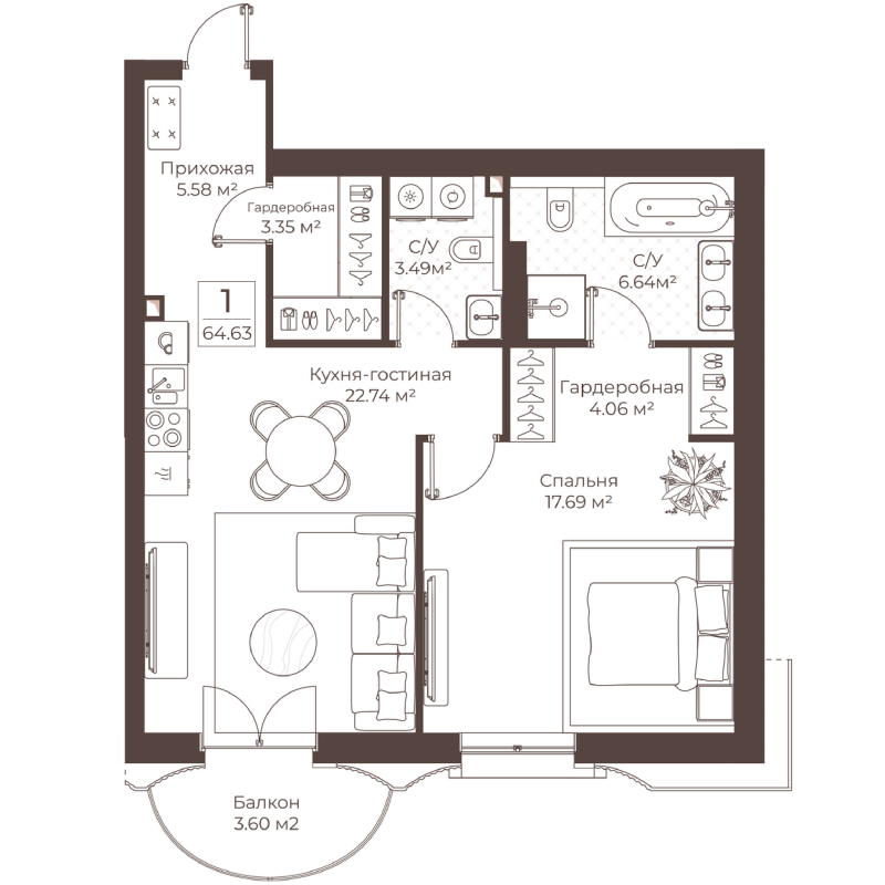 2 ккв (Евро) 64,6 м²
