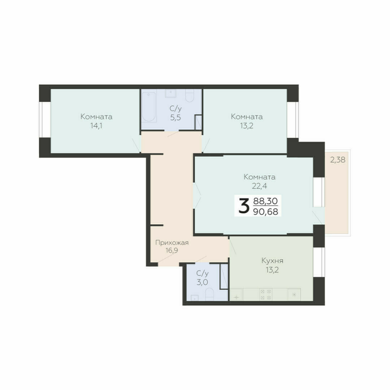 3 ккв 90,7 м²
