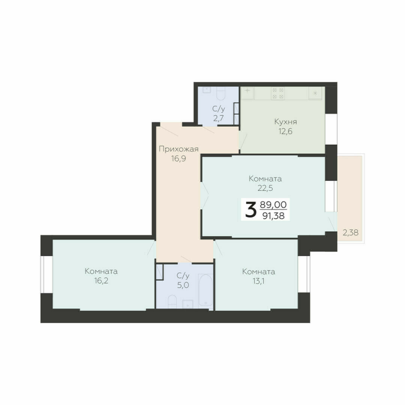3 ккв 91,4 м²