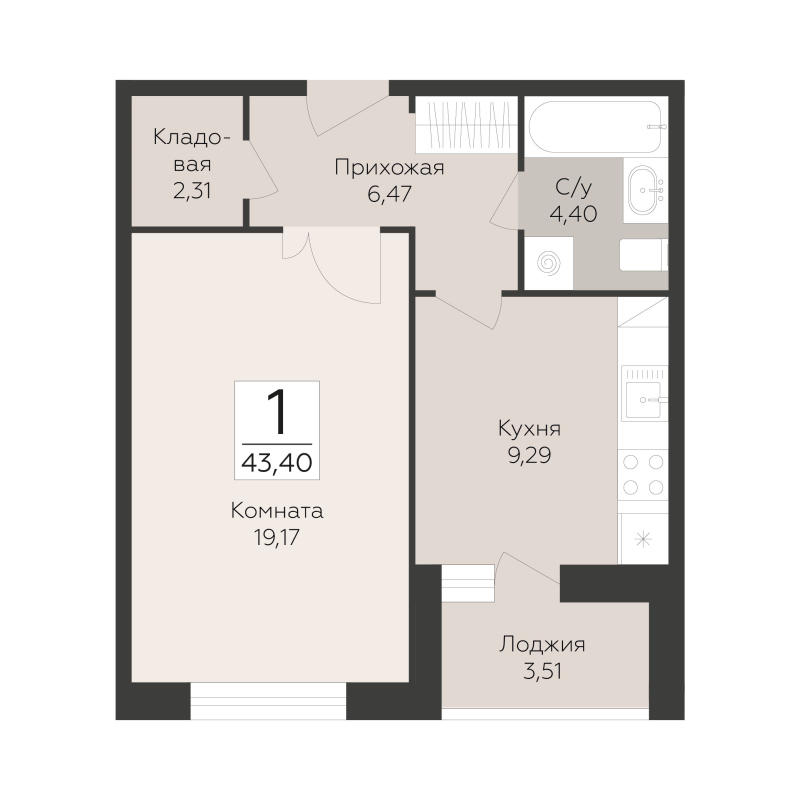 1 ккв 43,4 м²