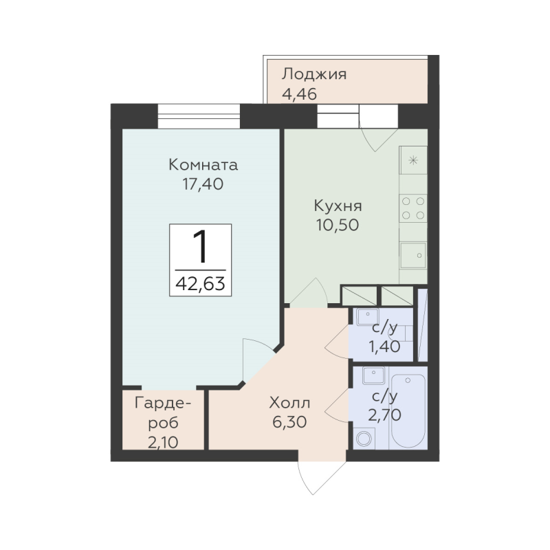 1 ккв 42,6 м²