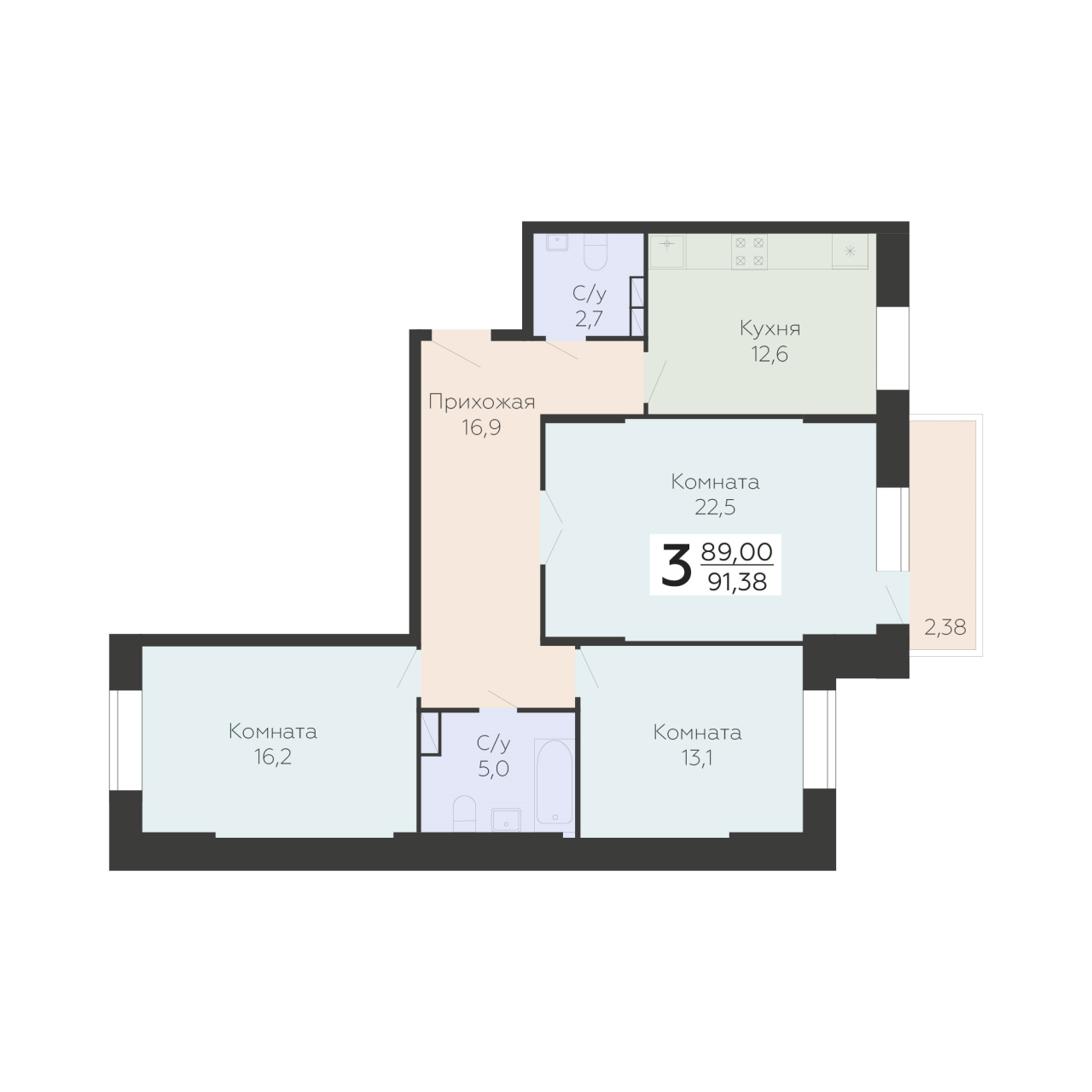 3 ккв 91,4 м²