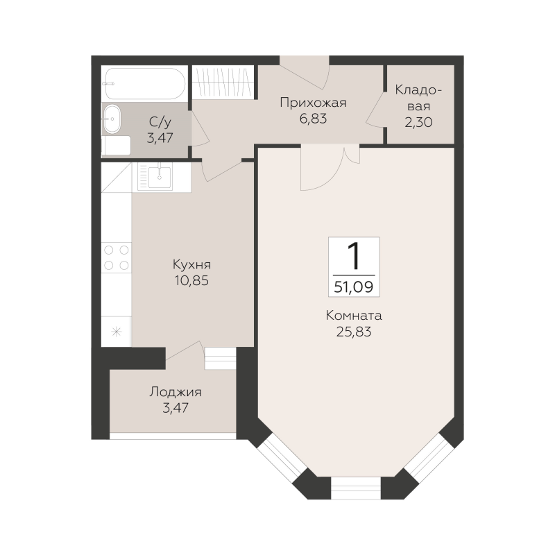 1 ккв 51,1 м²