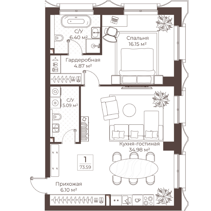 2 ккв (Евро) 73,6 м²