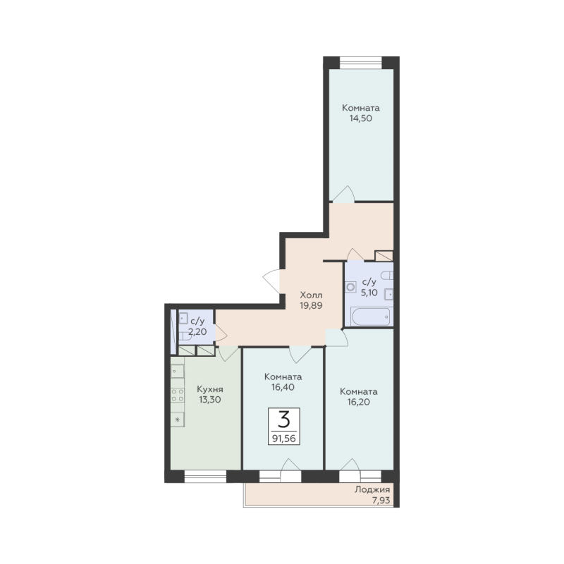 3 ккв 91,6 м²
