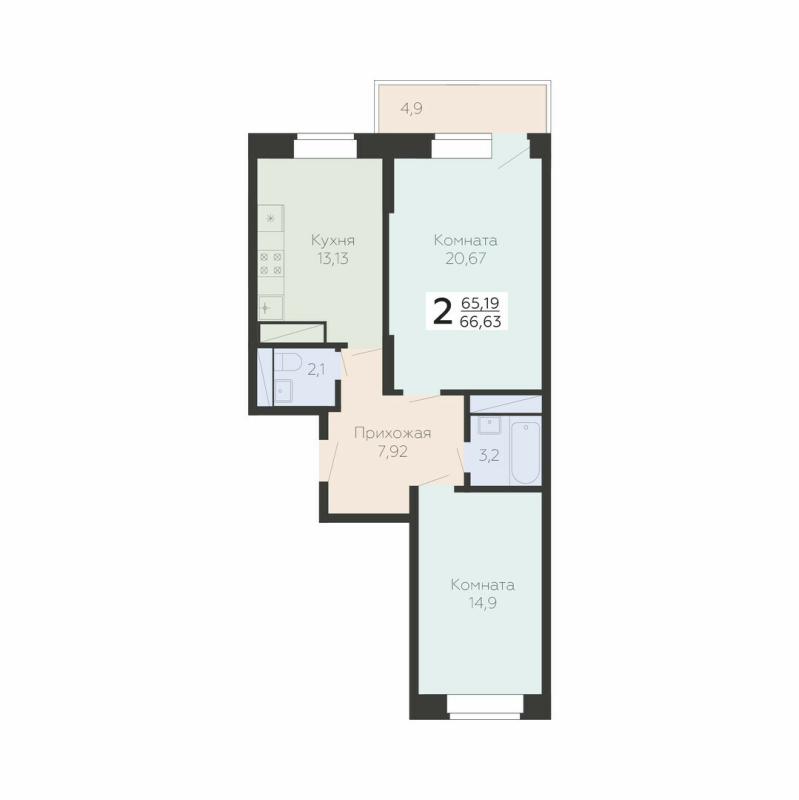 2 ккв 66,6 м²