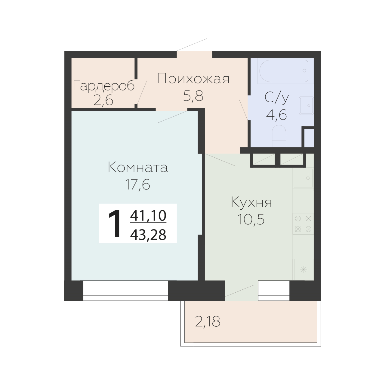 1 ккв 43,3 м²