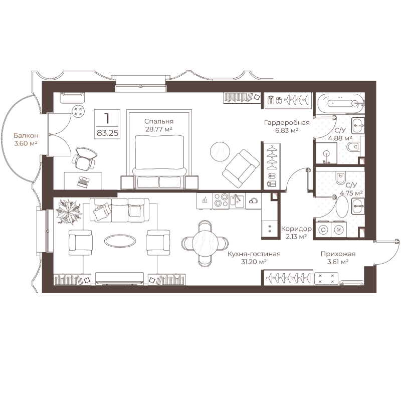 2 ккв (Евро) 83,3 м²