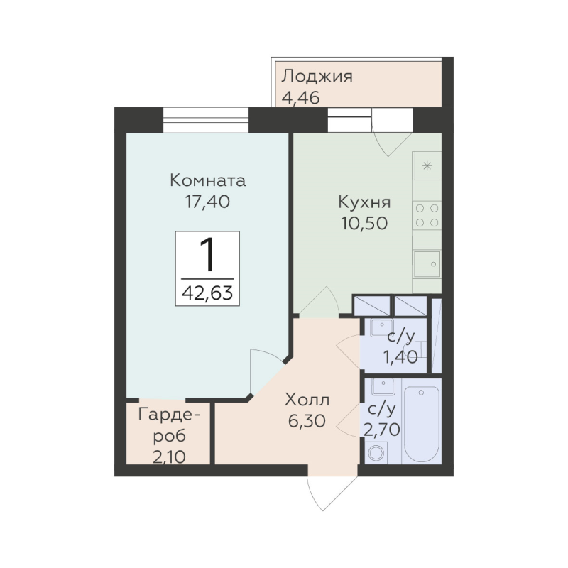 1 ккв 42,6 м²