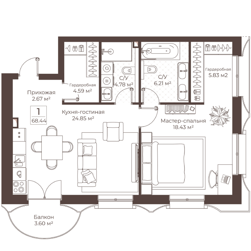 2 ккв (Евро) 68,4 м²