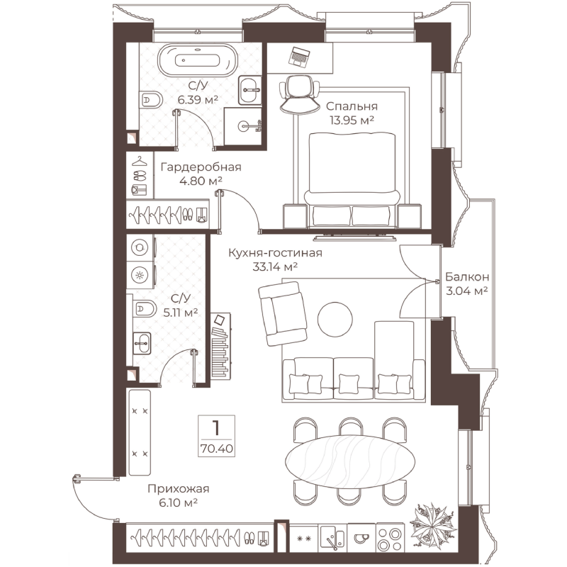2 ккв (Евро) 70,4 м²