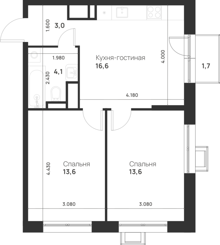 3 ккв (Евро) 51,4 м²