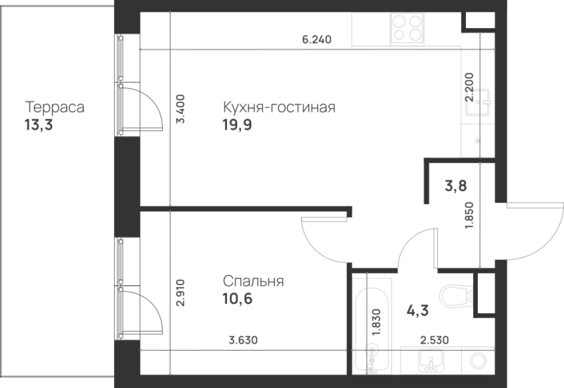 2 ккв (Евро) 42,6 м²