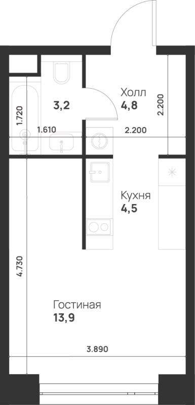 Студия 26,4 м²