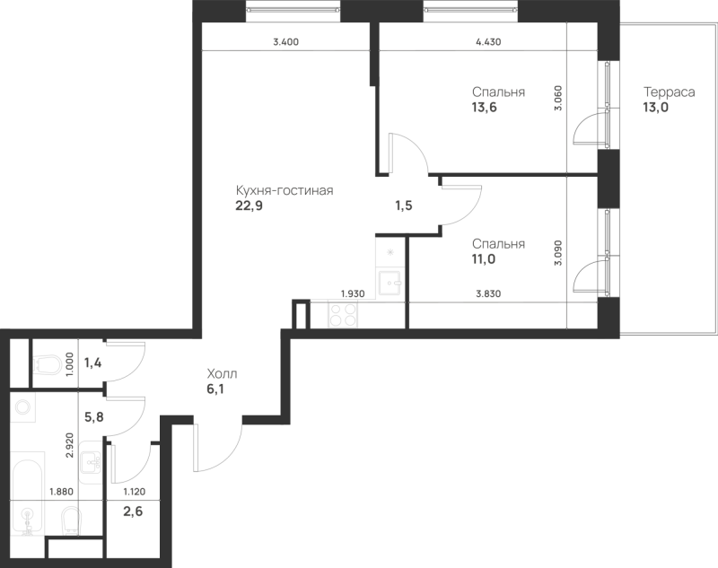 3 ккв (Евро) 68,8 м²