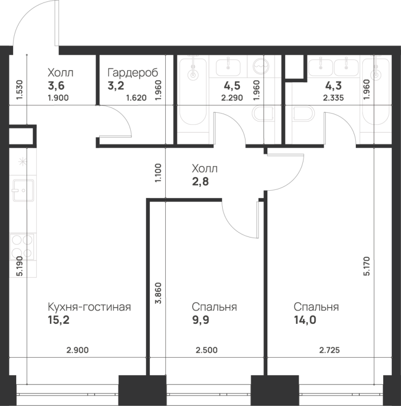 3 ккв (Евро) 57,5 м²