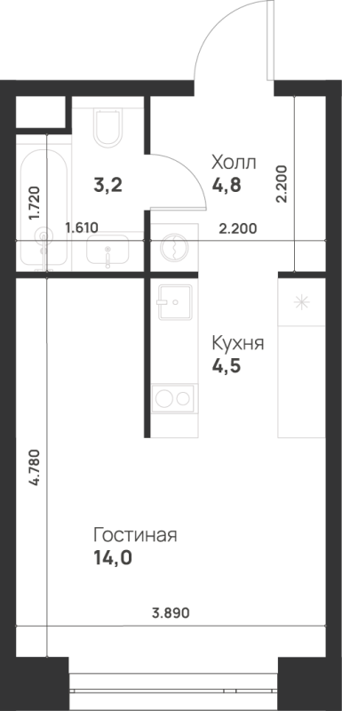 Студия 26,5 м²