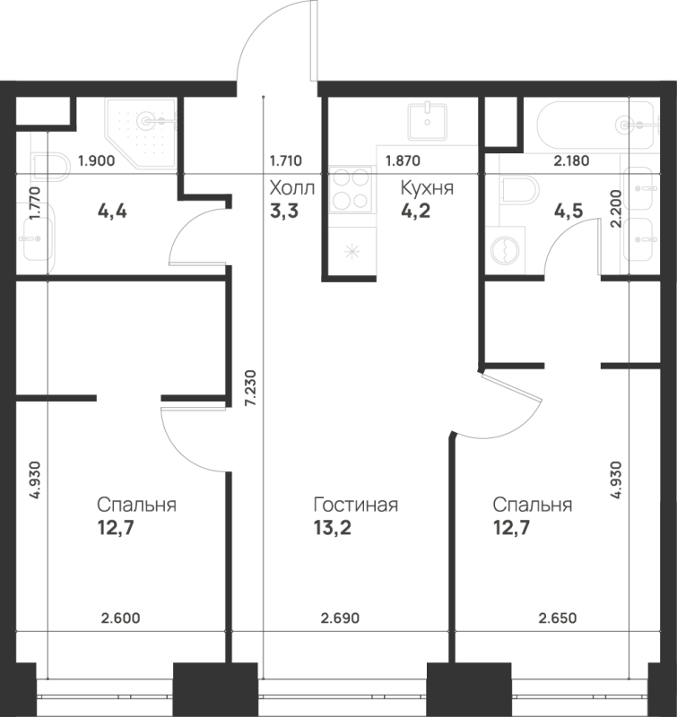 3 ккв (Евро) 55 м²