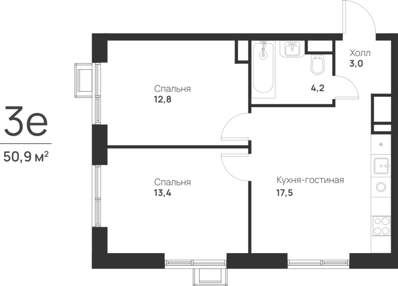 3 ккв (Евро) 50,9 м²