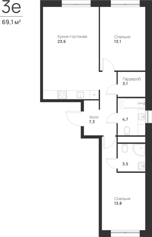 3 ккв (Евро) 69,1 м²